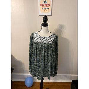 Gap Olive Green Paisley Boho Peasant Blouse with Contrast Bib Yoke, Size L Tall